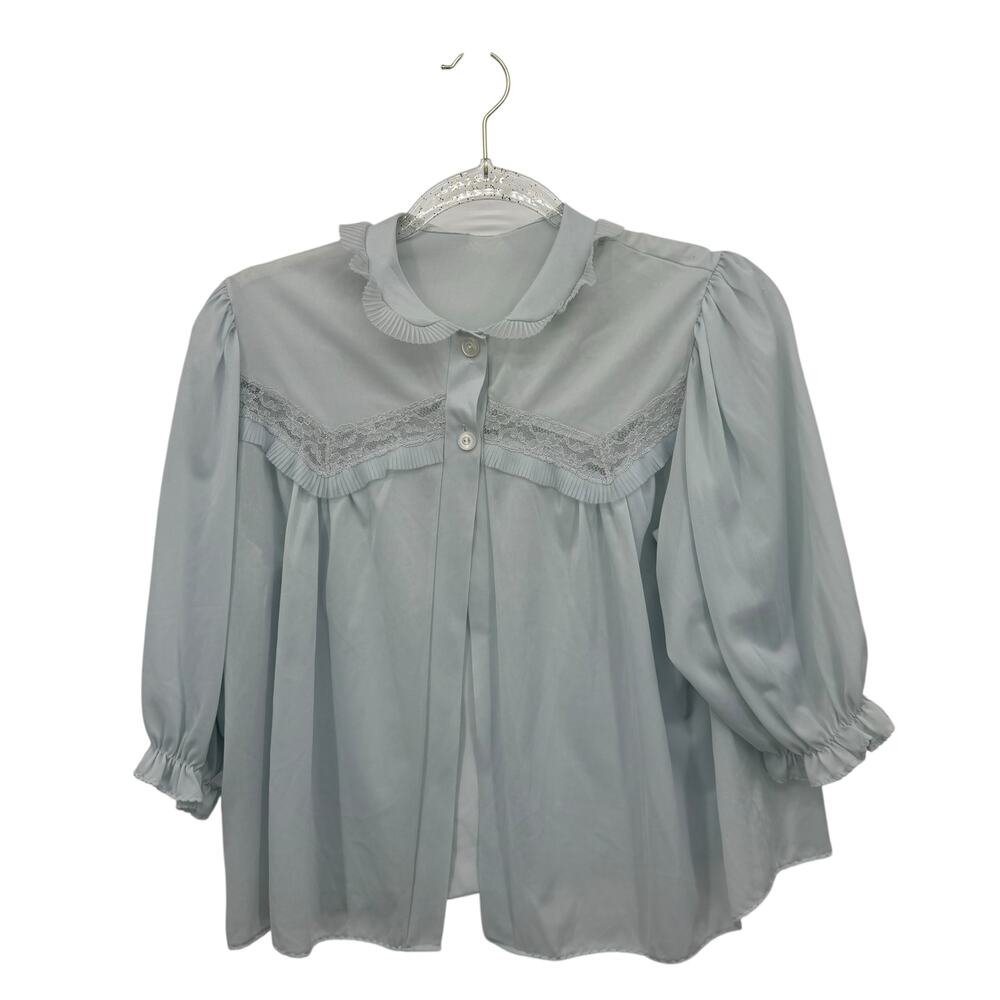 Vintage Mojud Pajama Top Baby Doll Womens L Blue Nylon Ruffle Lace Romantic Puff